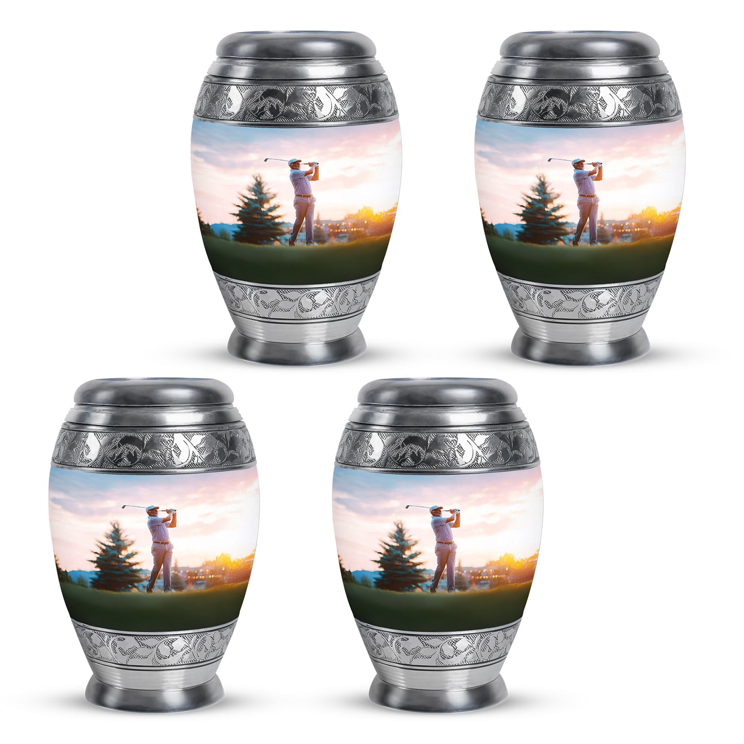 Brushed Silver Golf Cremation Urn urn with complimentary velvet bag - regal golf design with crown-inspired accents - 10 inch aluminum urn for cremated remains