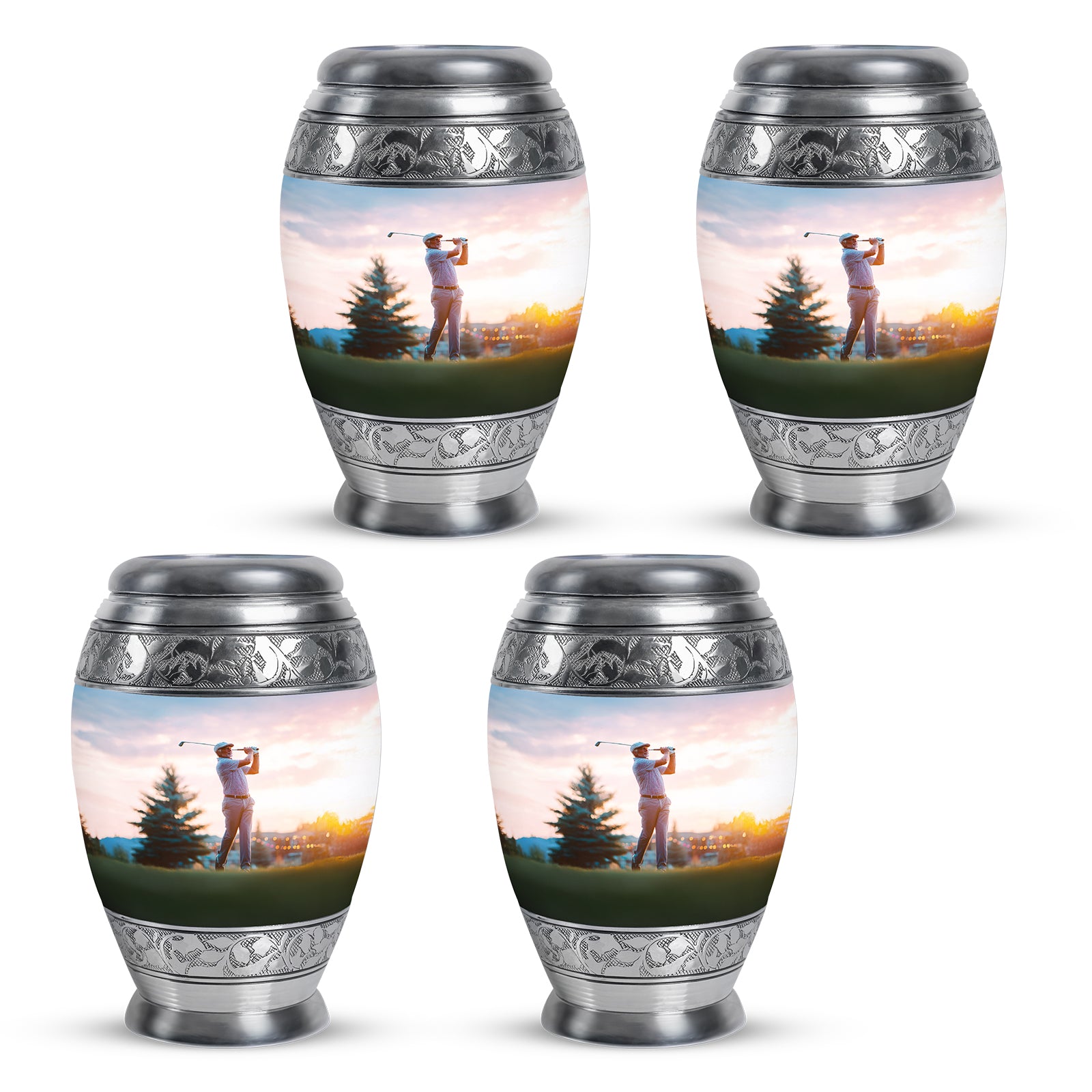 Brushed Silver Golf Cremation Urn urn with complimentary velvet bag - regal golf design with crown-inspired accents - 10 inch aluminum urn for cremated remains