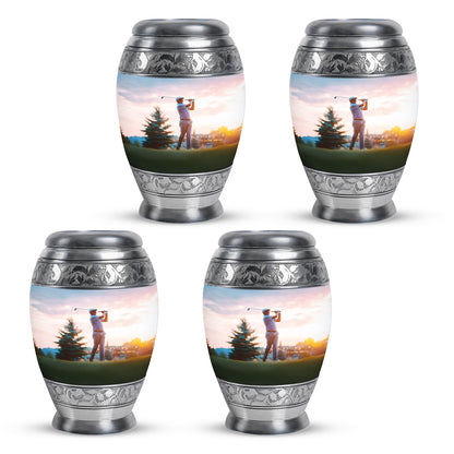 Brushed Silver Golf Cremation Urn urn with complimentary velvet bag - regal golf design with crown-inspired accents - 10 inch aluminum urn for cremated remains