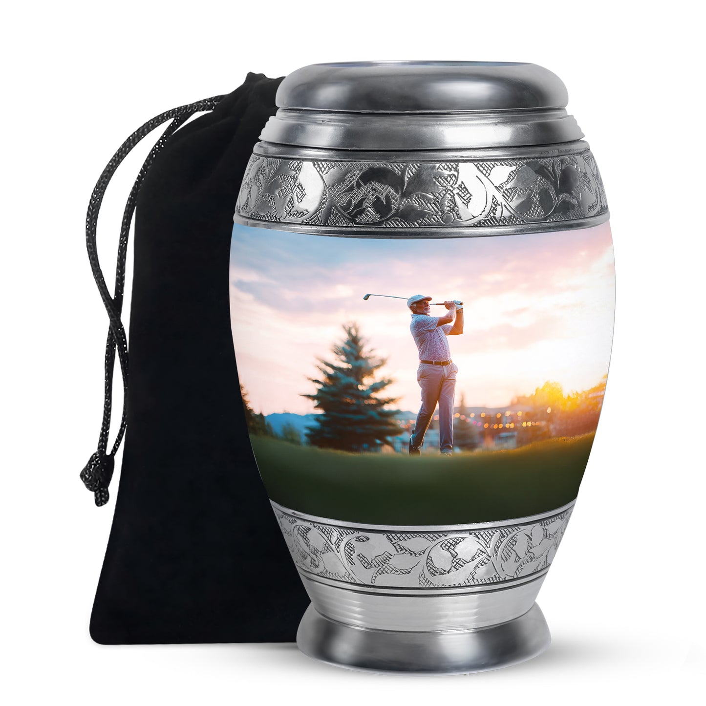 Satin Silver Golf Cremation Urn back view with polished surface - ornate monarch-style golf relief on brushed aluminum - full-size 10 inch 200 cubic inch adult cremation urn