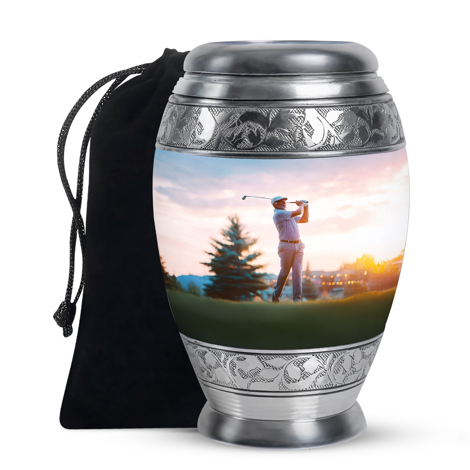 Satin Silver Golf Cremation Urn back view with polished surface - ornate monarch-style golf relief on brushed aluminum - full-size 10 inch 200 cubic inch adult cremation urn