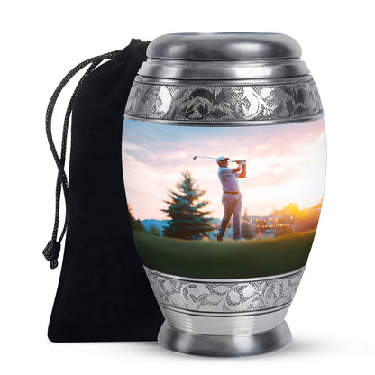 Satin Silver Golf Cremation Urn back view with polished surface - ornate monarch-style golf relief on brushed aluminum - full-size 10 inch 200 cubic inch adult cremation urn