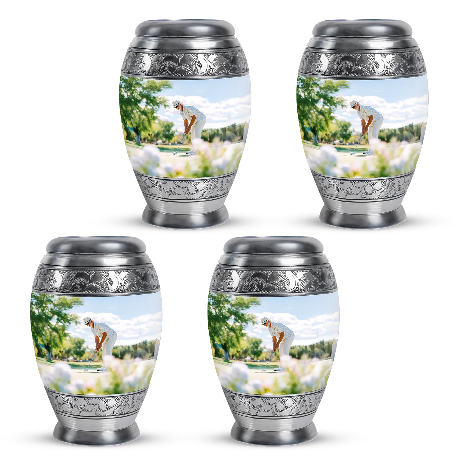 Polished Silver Golf Cremation Urn urn with complimentary velvet bag - royal golf engraving with decorative scrollwork - 10 inch aluminum urn for cremated remains