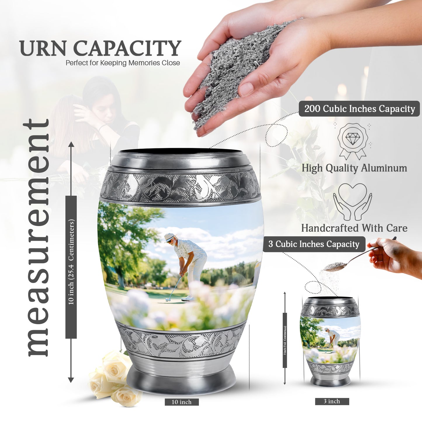Polished Silver Golf Cremation Urn lifestyle display on memorial shelf - majestic golf pattern with filigree border - mini keepsake memorial for portion of cremation ashes