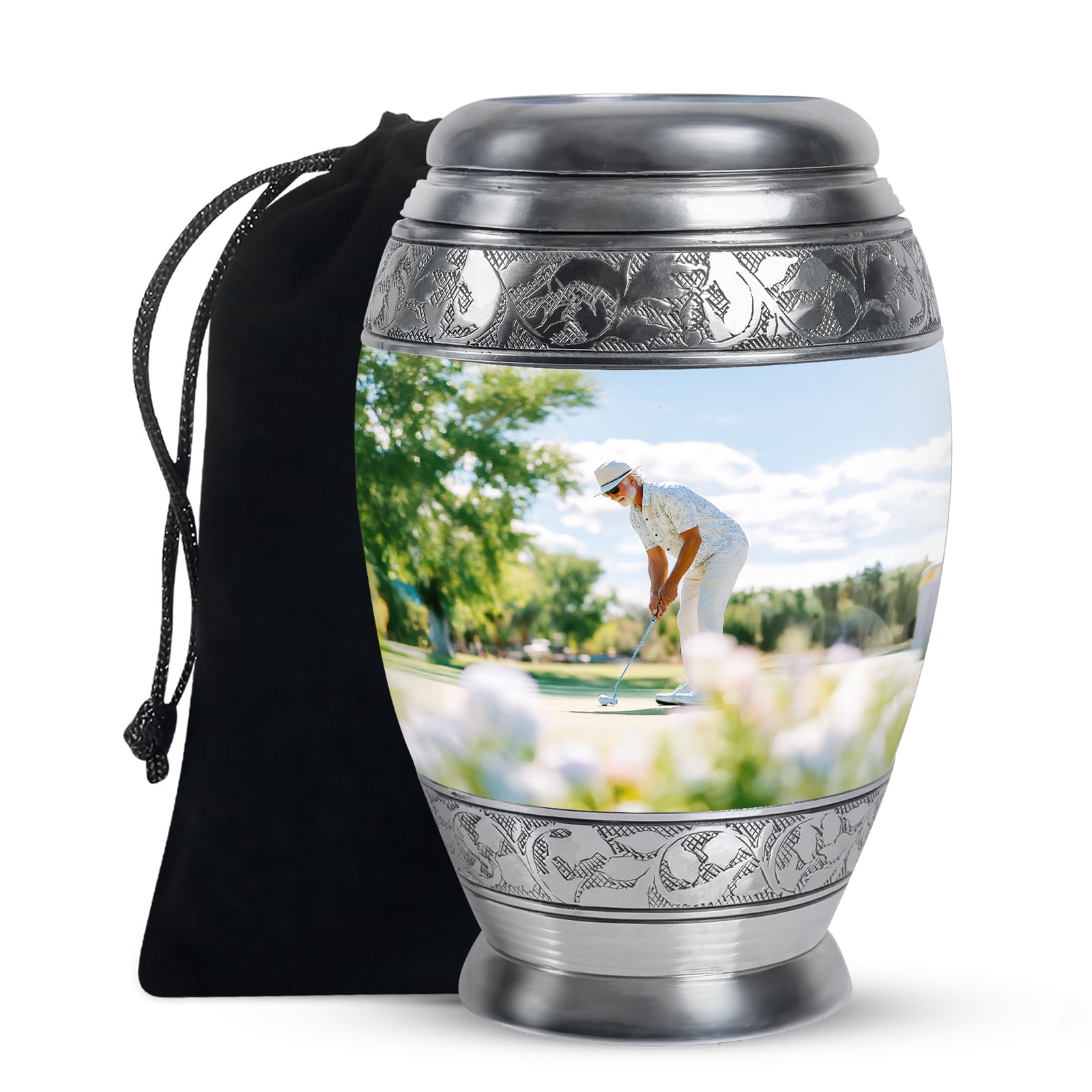 Polished Silver Golf Cremation Urn back view with polished surface - majestic golf pattern with filigree border - full-size 10 inch 200 cubic inch adult cremation urn