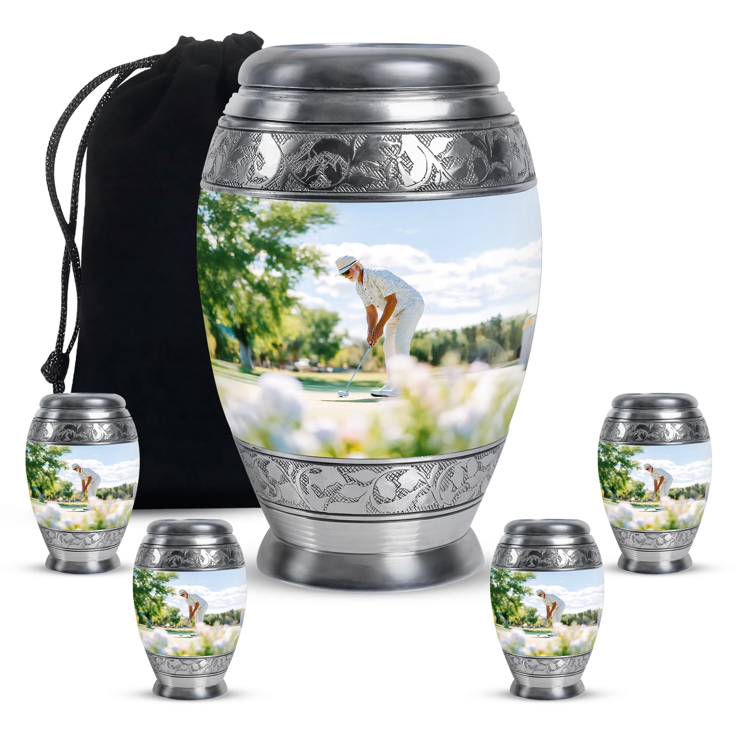 Gleaming Silver Golf Cremation Urn detail view - regal golf design with crown-inspired accents - memorial set with one large and four small urns