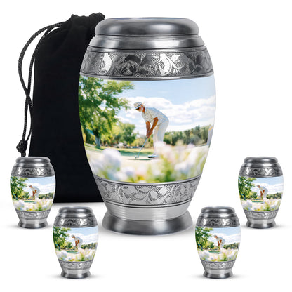 Gleaming Silver Golf Cremation Urn detail view - regal golf design with crown-inspired accents - memorial set with one large and four small urns