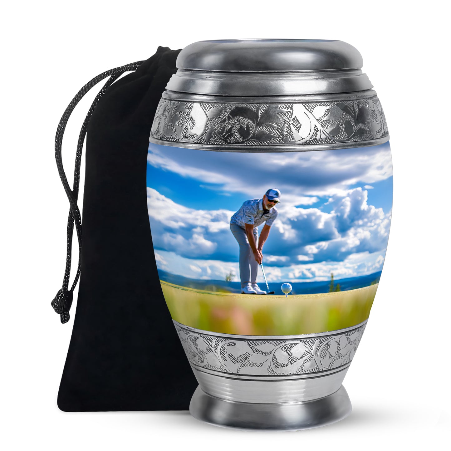 Twilight Blue Golf Cremation Urn back view with polished surface - majestic golf pattern with filigree border - full-size 10 inch 200 cubic inch adult cremation urn