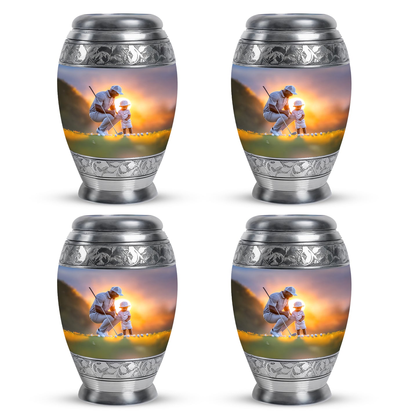 Storm Gray Golf Cremation Urn urn with complimentary velvet bag - majestic golf pattern with filigree border - 10 inch aluminum urn for cremated remains