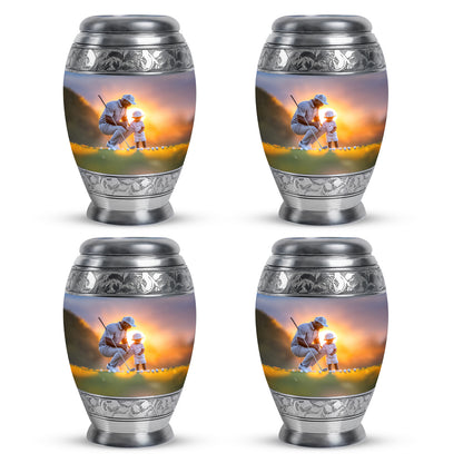 Storm Gray Golf Cremation Urn urn with complimentary velvet bag - majestic golf pattern with filigree border - 10 inch aluminum urn for cremated remains