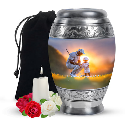 Storm Gray Golf Cremation Urn back view with polished surface - royal golf engraving with decorative scrollwork - full-size 10 inch 200 cubic inch adult cremation urn