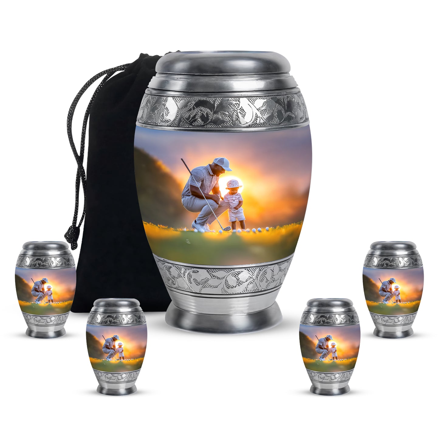 Slate Gray Golf Cremation Urn detail view - majestic golf pattern with filigree border - memorial set with one large and four small urns