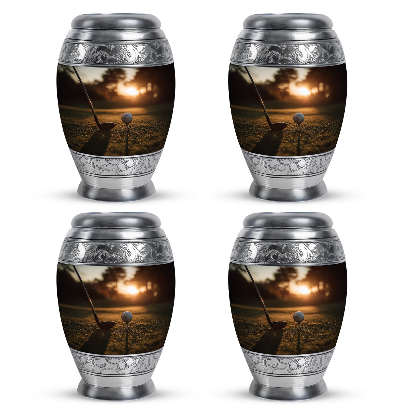 Harvest Gold Golf Cremation Urn urn with complimentary velvet bag - majestic golf pattern with filigree border - 10 inch aluminum urn for cremated remains