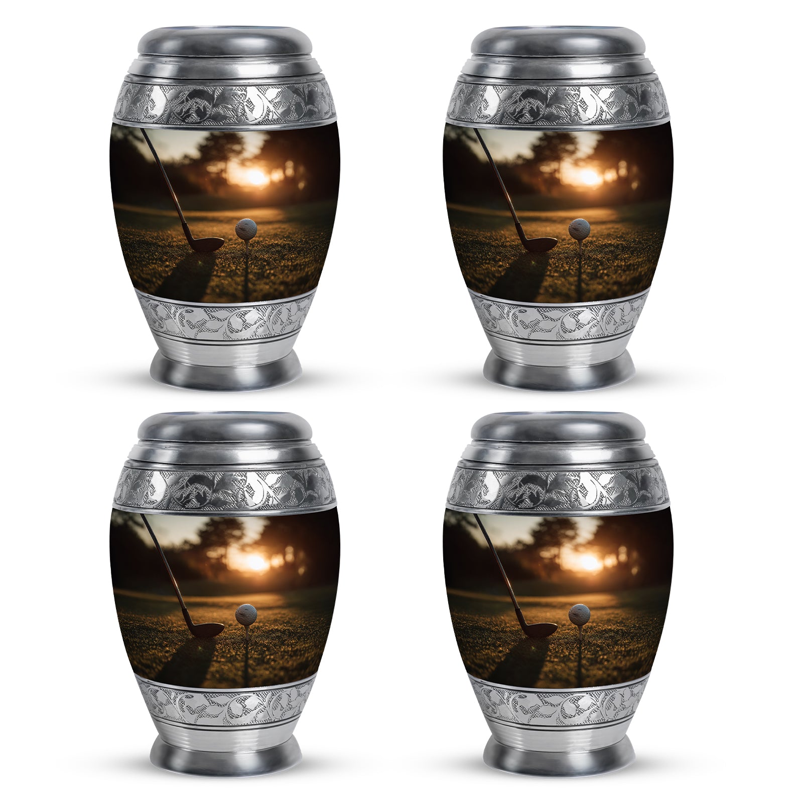 Harvest Gold Golf Cremation Urn urn with complimentary velvet bag - majestic golf pattern with filigree border - 10 inch aluminum urn for cremated remains