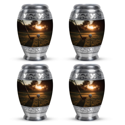 Harvest Gold Golf Cremation Urn urn with complimentary velvet bag - majestic golf pattern with filigree border - 10 inch aluminum urn for cremated remains