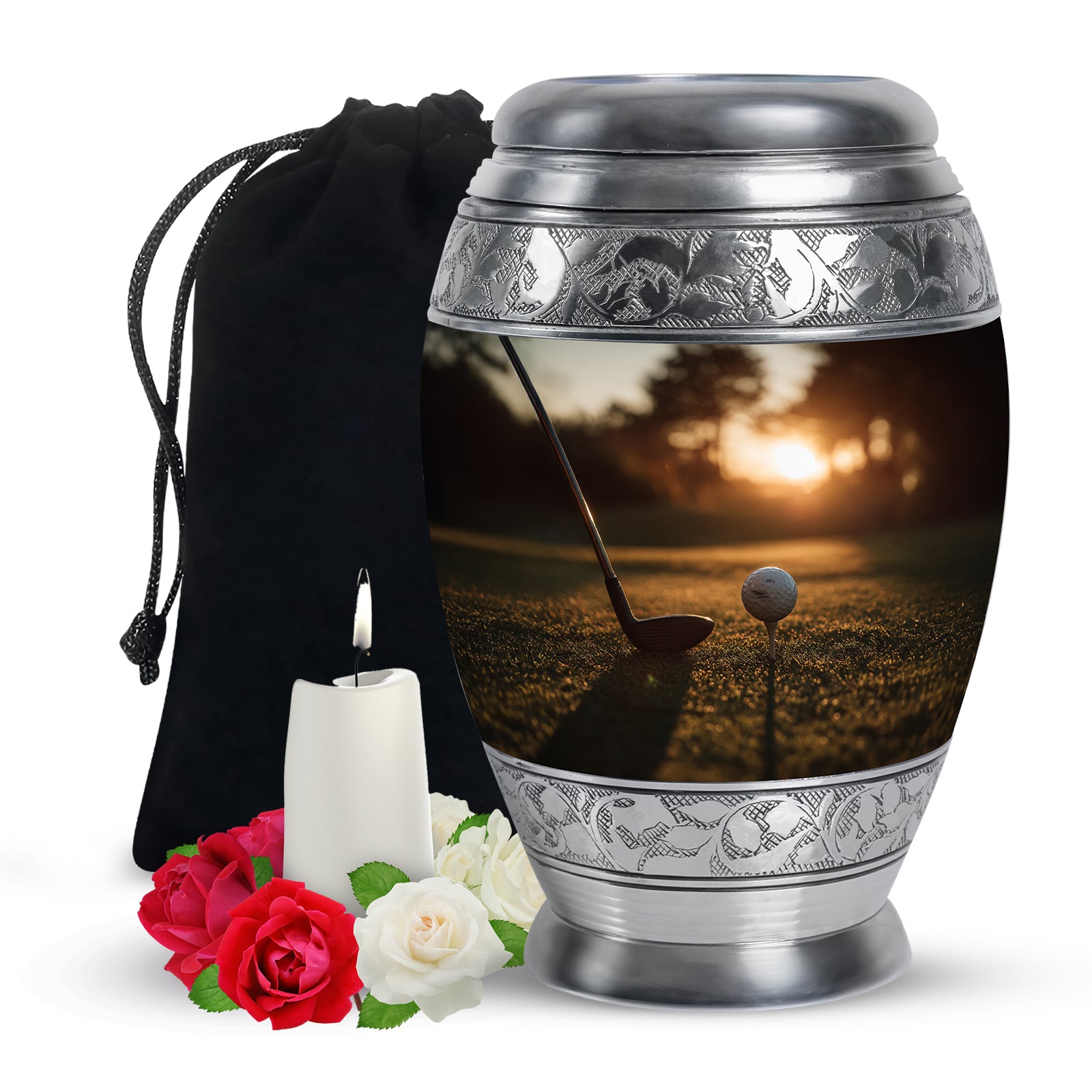 Champagne Gold Golf Cremation Urn back view with polished surface - regal golf design with crown-inspired accents - full-size 10 inch 200 cubic inch adult cremation urn