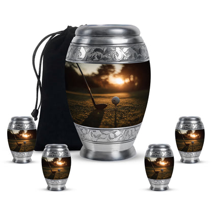Harvest Gold Golf Cremation Urn detail view - royal golf engraving with decorative scrollwork - memorial set with one large and four small urns