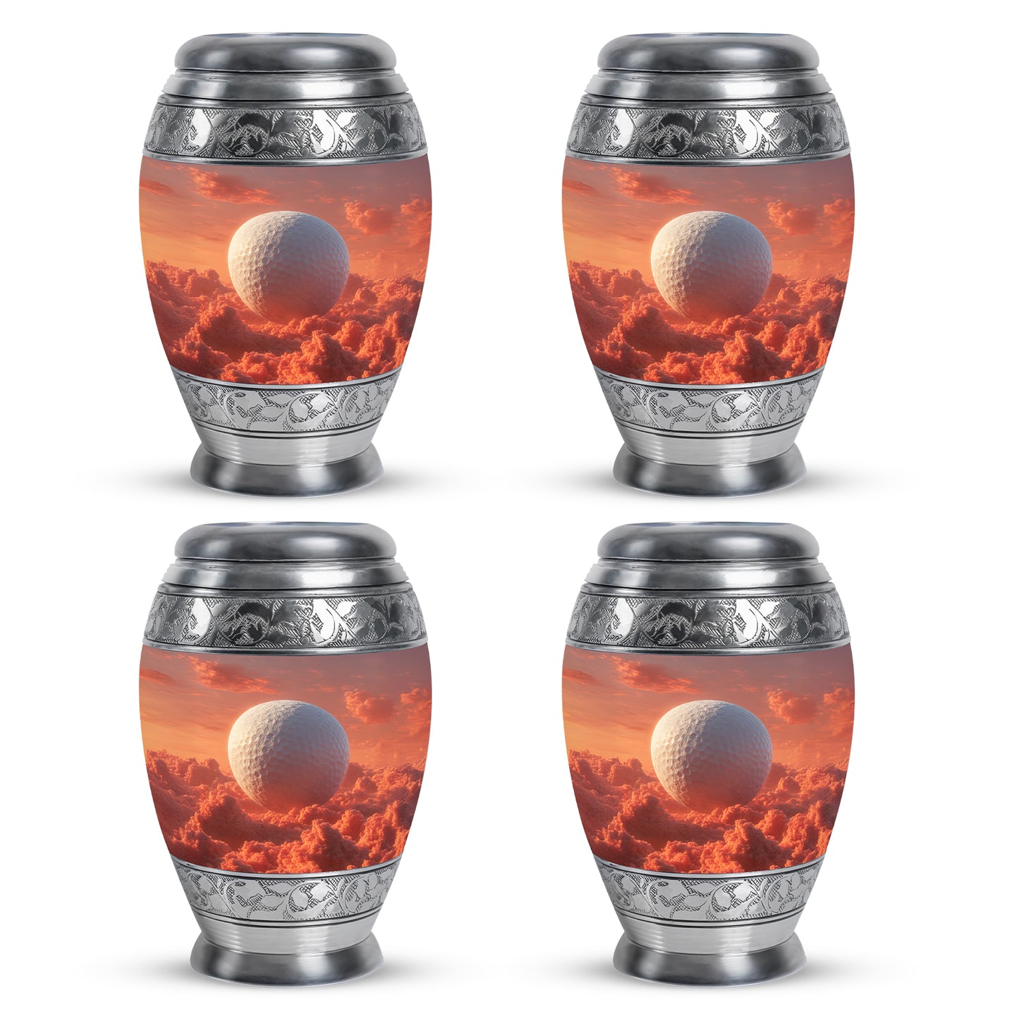 Scarlet Red Golf Cremation Urn urn with complimentary velvet bag - majestic golf pattern with filigree border - 10 inch aluminum urn for cremated remains