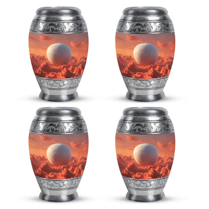 Scarlet Red Golf Cremation Urn urn with complimentary velvet bag - majestic golf pattern with filigree border - 10 inch aluminum urn for cremated remains