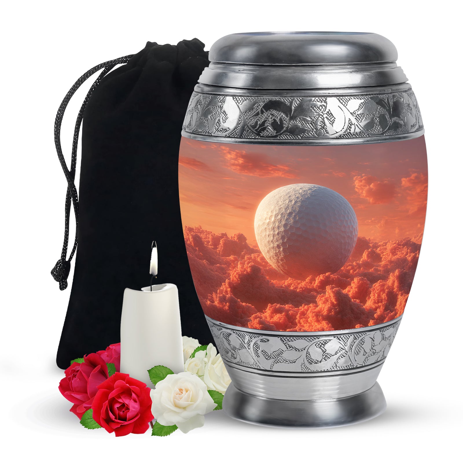 Burgundy Red Golf Cremation Urn back view with polished surface - regal golf design with crown-inspired accents - full-size 10 inch 200 cubic inch adult cremation urn