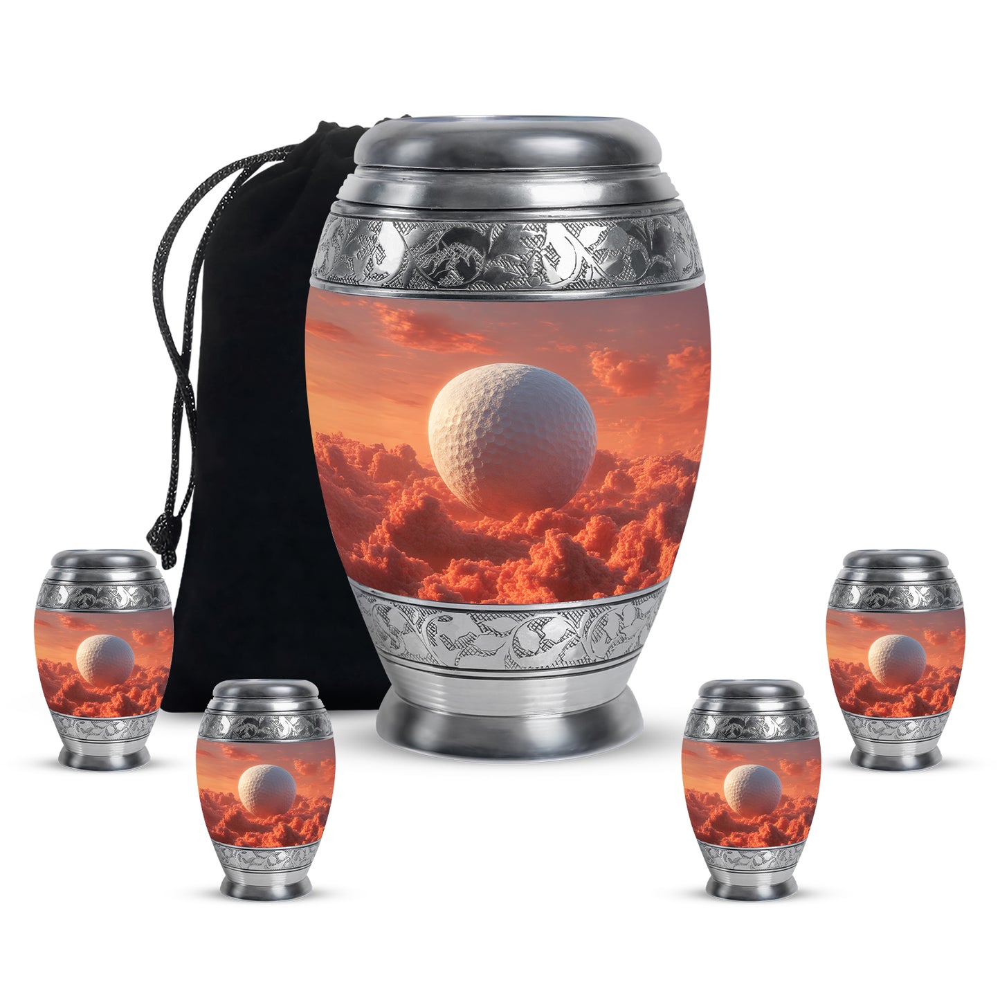 Scarlet Red Golf Cremation Urn detail view - majestic golf pattern with filigree border - memorial set with one large and four small urns