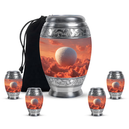 Scarlet Red Golf Cremation Urn detail view - majestic golf pattern with filigree border - memorial set with one large and four small urns