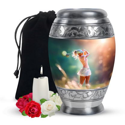 Harvest Gold Golf Cremation Urn back view with polished surface - royal golf engraving with decorative scrollwork - full-size 10 inch 200 cubic inch adult cremation urn