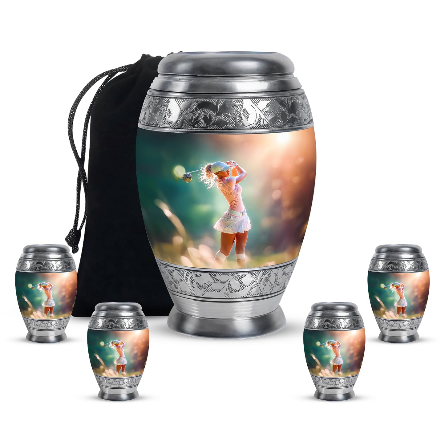 Burnished Gold Golf Cremation Urn detail view - royal golf engraving with decorative scrollwork - memorial set with one large and four small urns