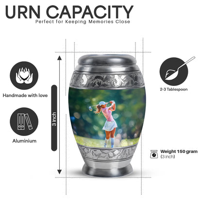 Hunter Green Golf Cremation Urn lifestyle display on memorial shelf - majestic golf pattern with filigree border - mini keepsake memorial for portion of cremation ashes
