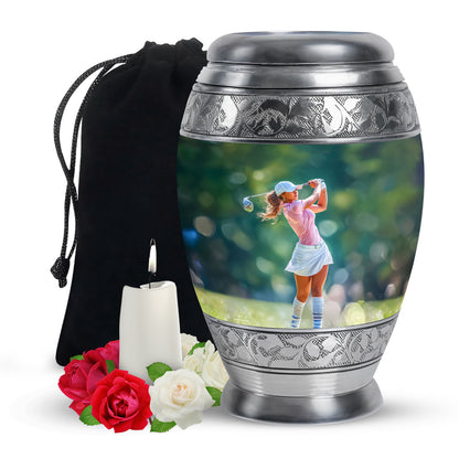 Jade Green Golf Cremation Urn back view with polished surface - regal golf design with crown-inspired accents - full-size 10 inch 200 cubic inch adult cremation urn