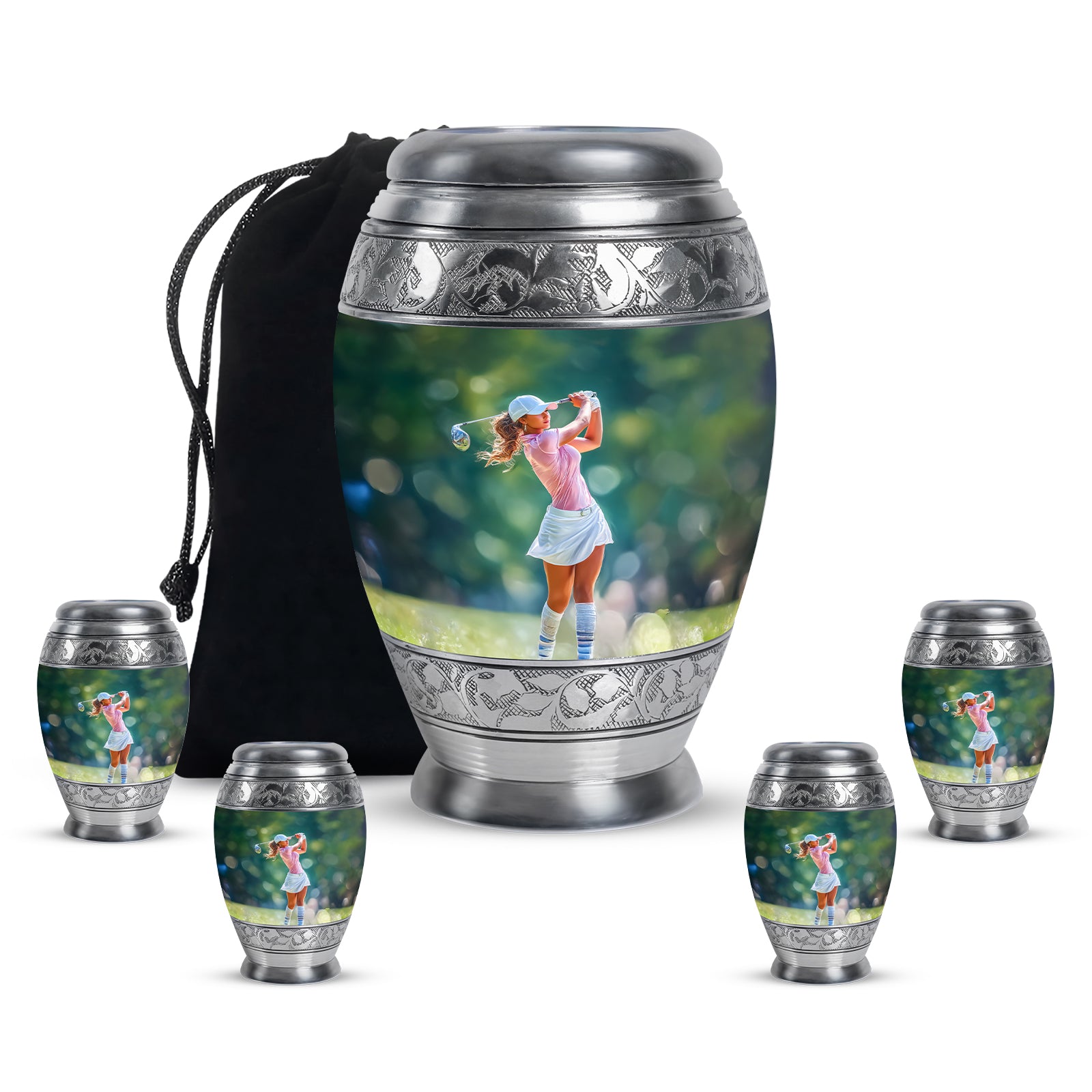 Sage Green Golf Cremation Urn detail view - regal golf design with crown-inspired accents - memorial set with one large and four small urns