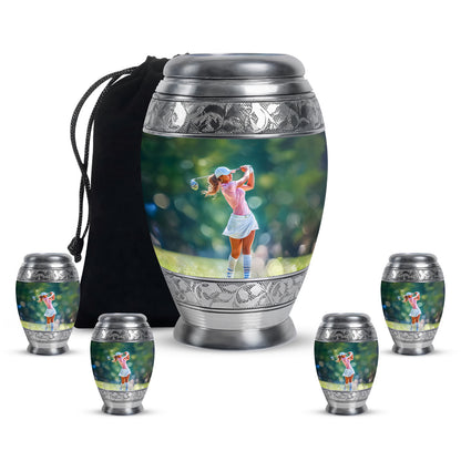 Sage Green Golf Cremation Urn detail view - regal golf design with crown-inspired accents - memorial set with one large and four small urns