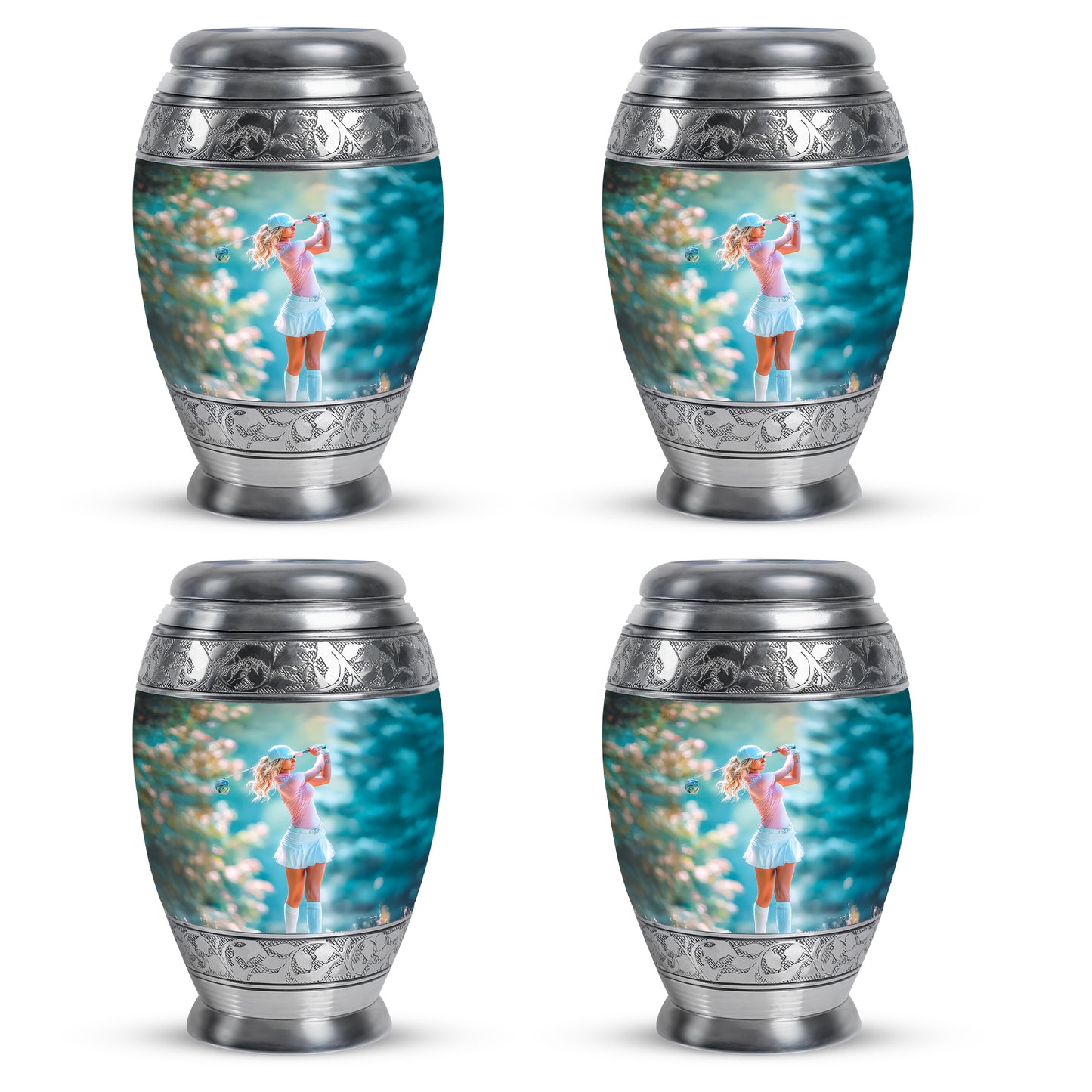 Platinum Silver Golf Cremation Urn urn with complimentary velvet bag - regal golf design with crown-inspired accents - 10 inch aluminum urn for cremated remains