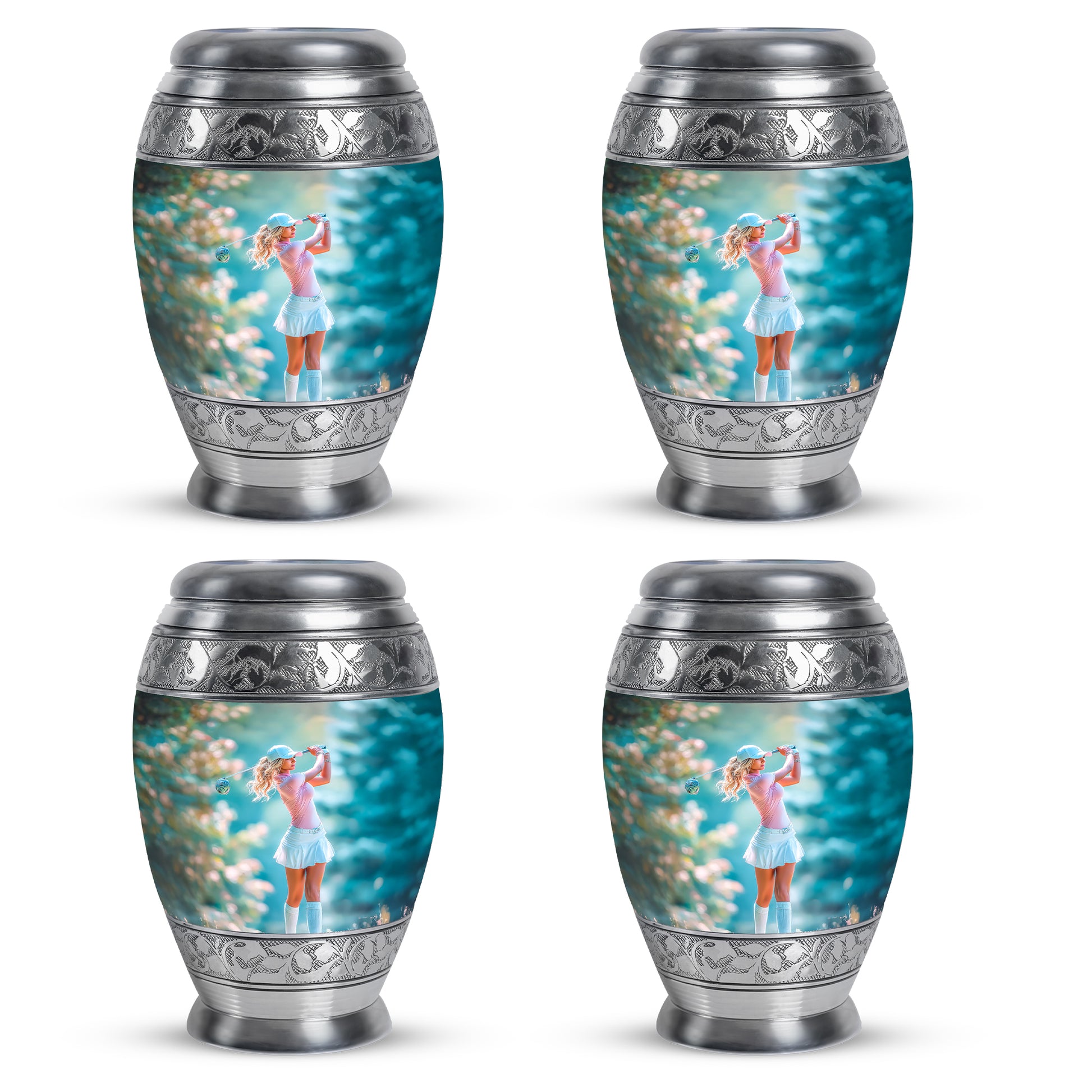 Platinum Silver Golf Cremation Urn urn with complimentary velvet bag - regal golf design with crown-inspired accents - 10 inch aluminum urn for cremated remains