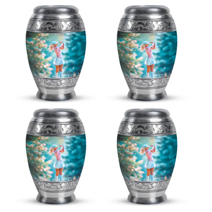 Platinum Silver Golf Cremation Urn urn with complimentary velvet bag - regal golf design with crown-inspired accents - 10 inch aluminum urn for cremated remains