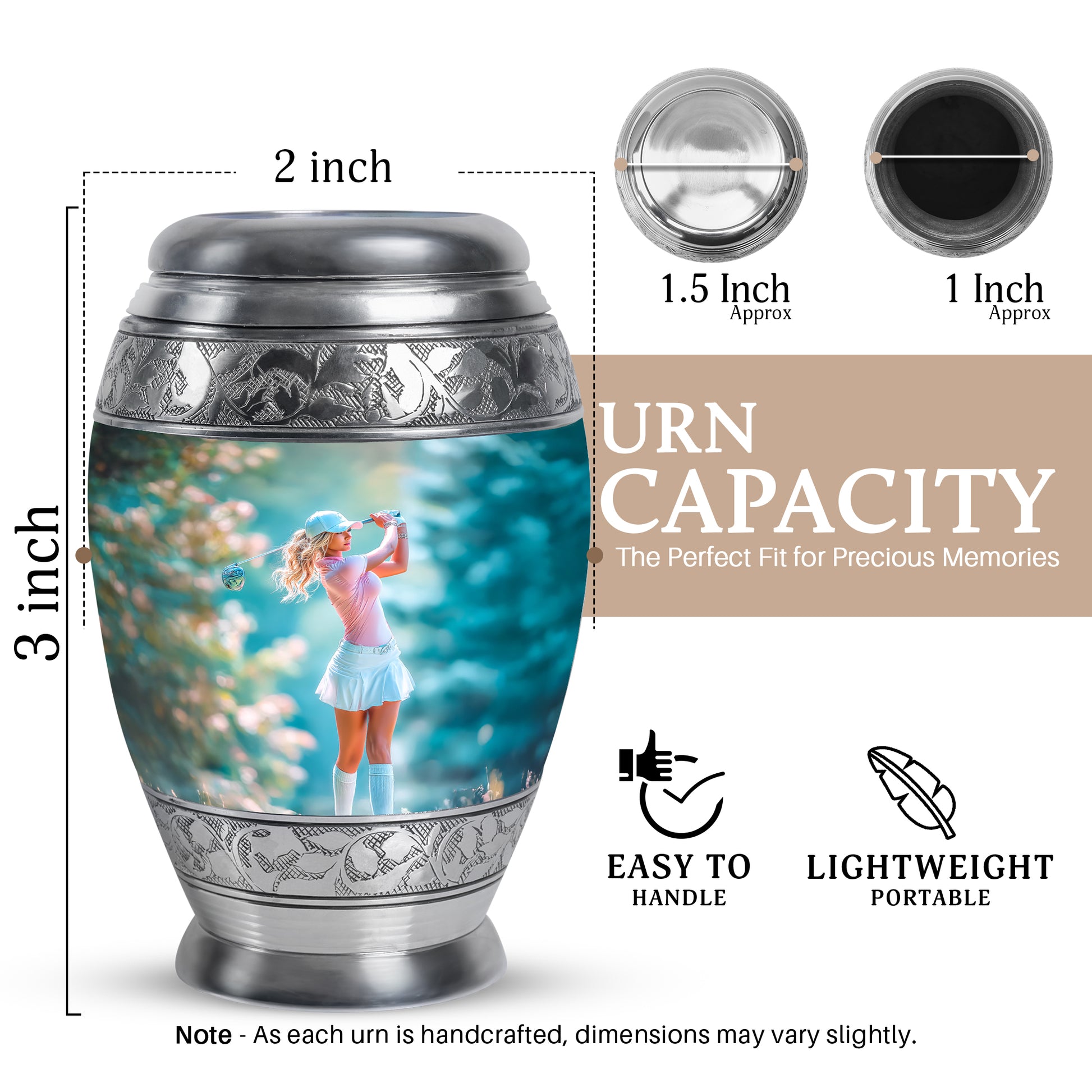 Chrome Silver Golf Cremation Urn lifestyle display on memorial shelf - majestic golf pattern with filigree border - mini keepsake memorial for portion of cremation ashes