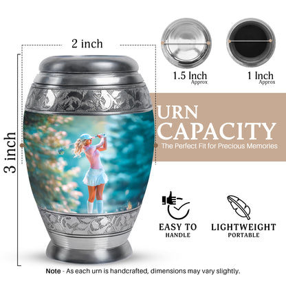 Chrome Silver Golf Cremation Urn lifestyle display on memorial shelf - majestic golf pattern with filigree border - mini keepsake memorial for portion of cremation ashes
