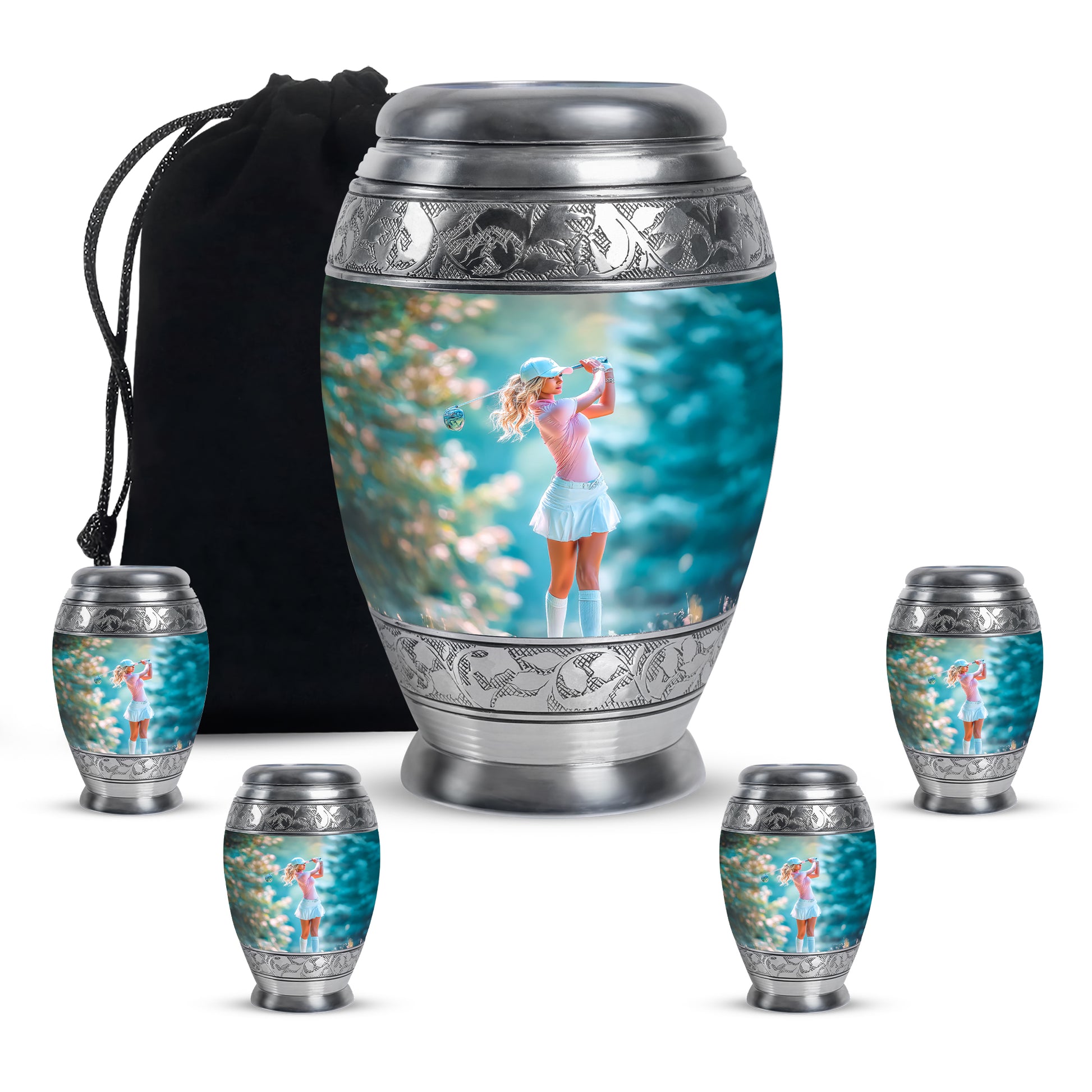 Satin Silver Golf Cremation Urn detail view - regal golf design with crown-inspired accents - memorial set with one large and four small urns
