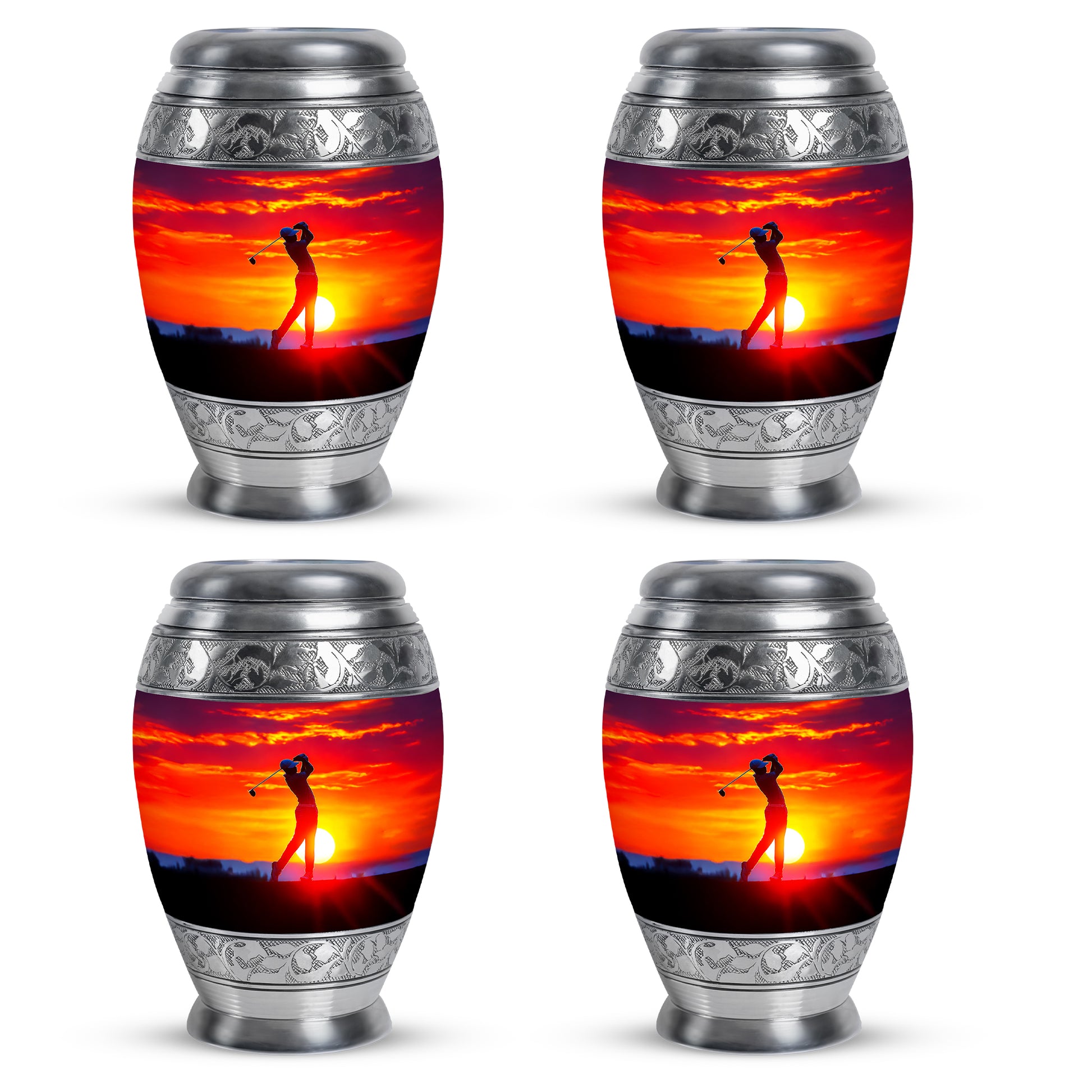 Ruby Red Golf Cremation Urn urn with complimentary velvet bag - royal golf engraving with decorative scrollwork - 10 inch aluminum urn for cremated remains