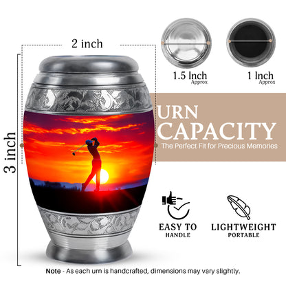 Crimson Red Golf Cremation Urn lifestyle display on memorial shelf - regal golf design with crown-inspired accents - mini keepsake memorial for portion of cremation ashes