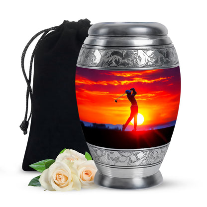 Rich Red Golf Cremation Urn back view with polished surface - royal golf engraving with decorative scrollwork - full-size 10 inch 200 cubic inch adult cremation urn