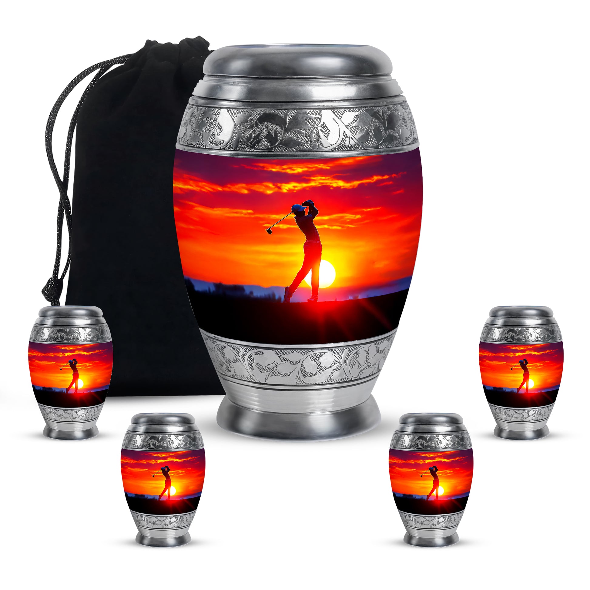 Cherry Red Golf Cremation Urn detail view - majestic golf pattern with filigree border - memorial set with one large and four small urns