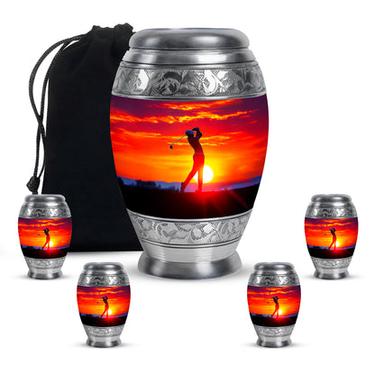 Cherry Red Golf Cremation Urn detail view - majestic golf pattern with filigree border - memorial set with one large and four small urns