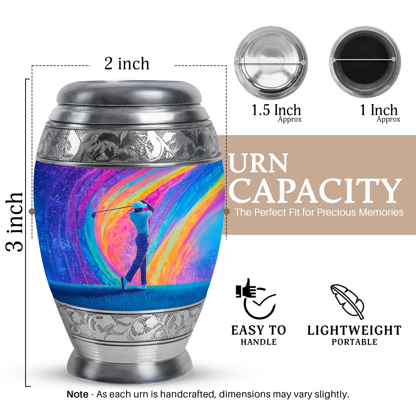 Majestic Purple Golf Cremation Urn lifestyle display on memorial shelf - ornate monarch-style golf relief on brushed aluminum - mini keepsake memorial for portion of cremation ashes