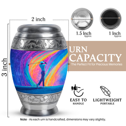 Majestic Purple Golf Cremation Urn lifestyle display on memorial shelf - ornate monarch-style golf relief on brushed aluminum - mini keepsake memorial for portion of cremation ashes