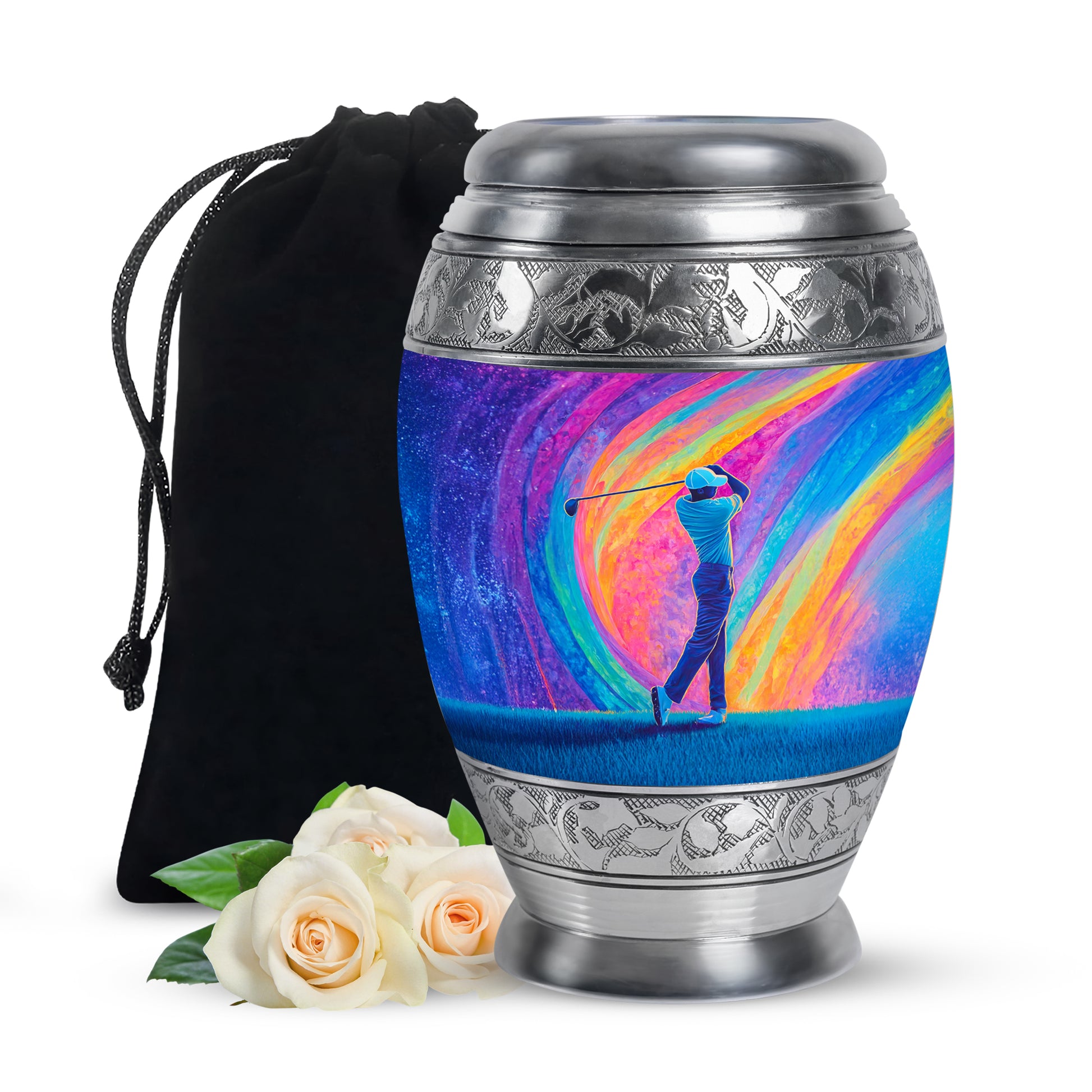Grape Purple Golf Cremation Urn back view with polished surface - majestic golf pattern with filigree border - full-size 10 inch 200 cubic inch adult cremation urn