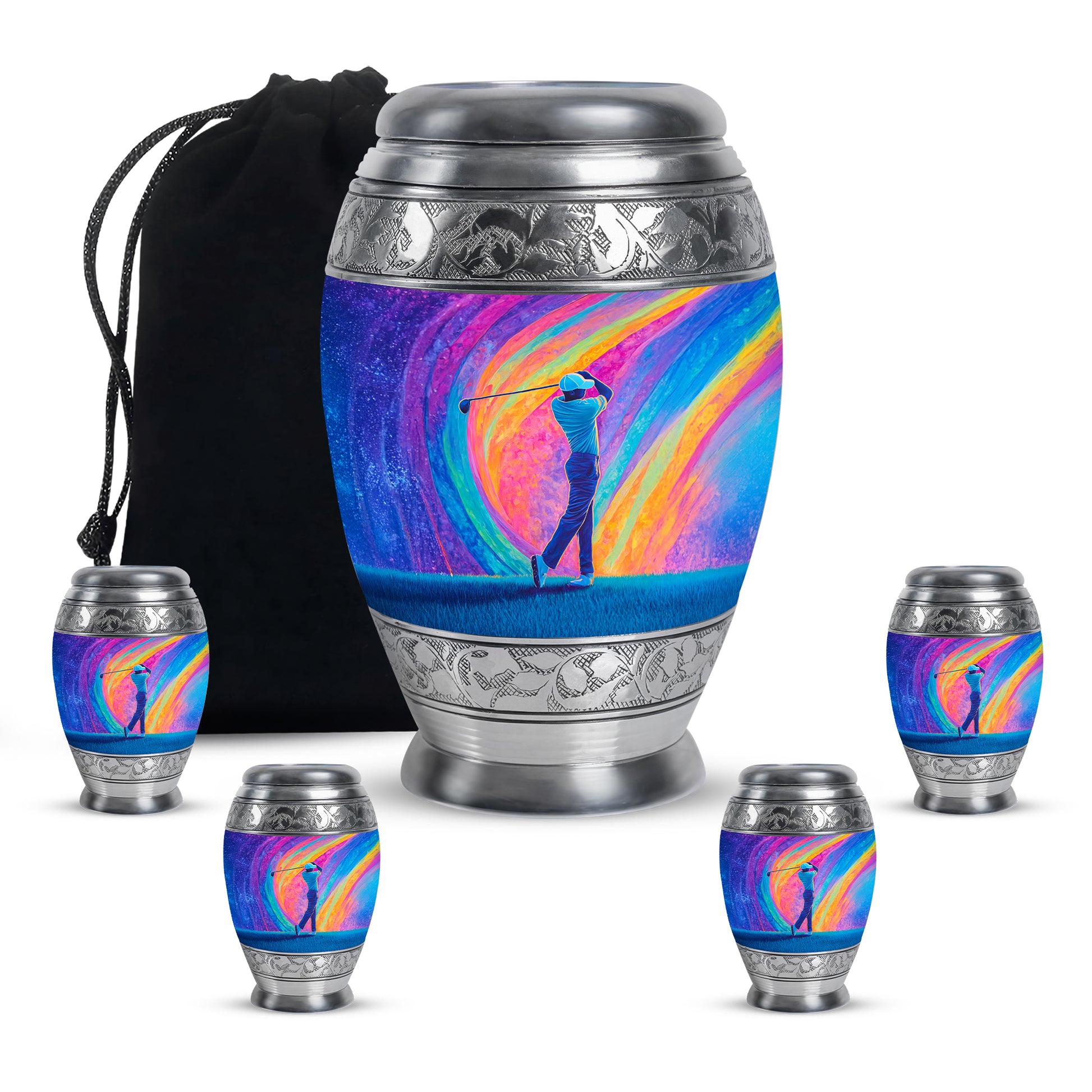 Orchid Purple Golf Cremation Urn detail view - ornate monarch-style golf relief on brushed aluminum - memorial set with one large and four small urns