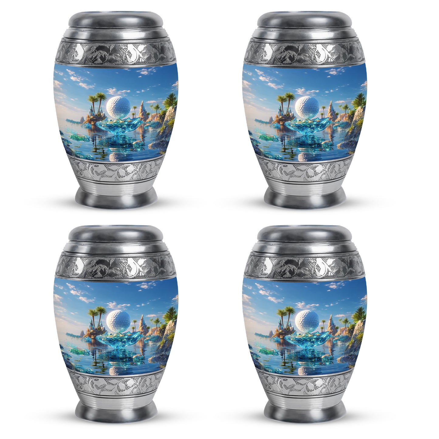 Steel Blue Golf Cremation Urn urn with complimentary velvet bag - majestic golf pattern with filigree border - 10 inch aluminum urn for cremated remains