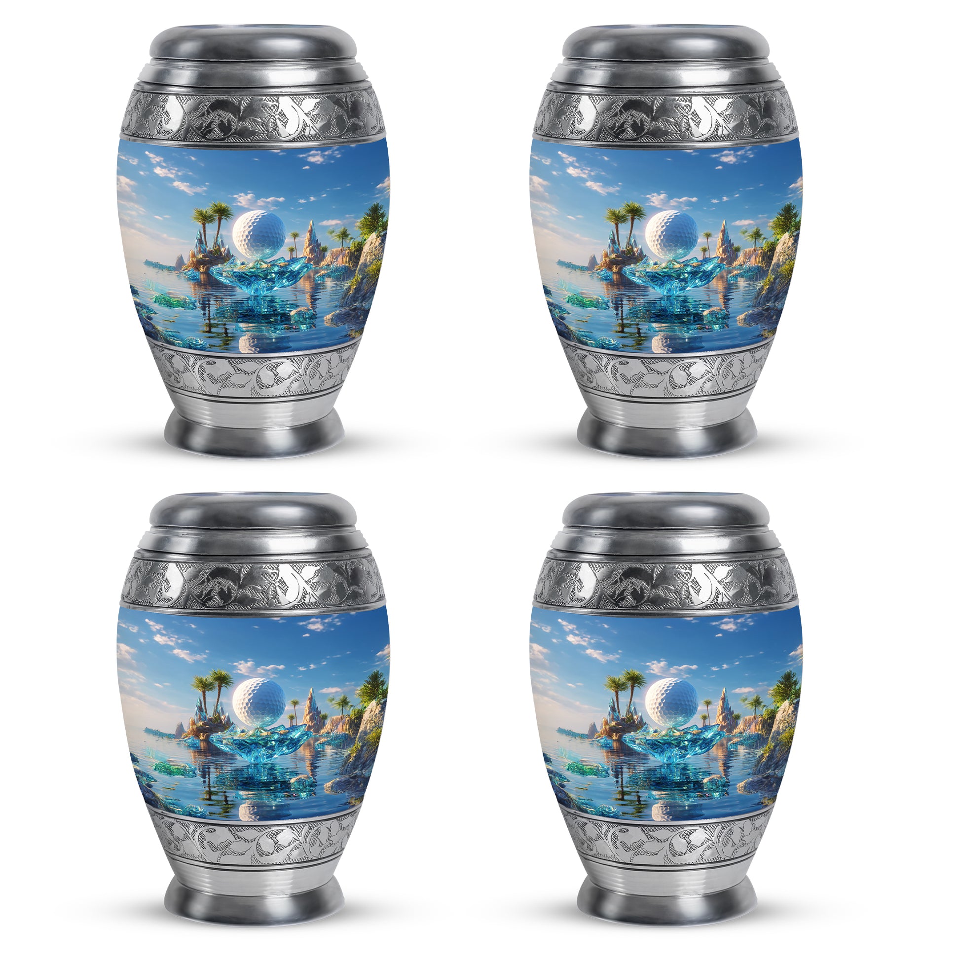 Steel Blue Golf Cremation Urn urn with complimentary velvet bag - majestic golf pattern with filigree border - 10 inch aluminum urn for cremated remains