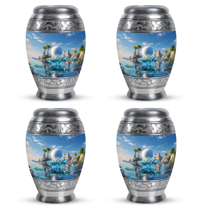 Steel Blue Golf Cremation Urn urn with complimentary velvet bag - majestic golf pattern with filigree border - 10 inch aluminum urn for cremated remains